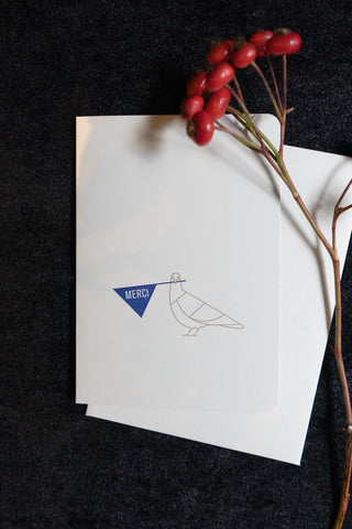 Handwritten Merci Card | Pigeon with flag